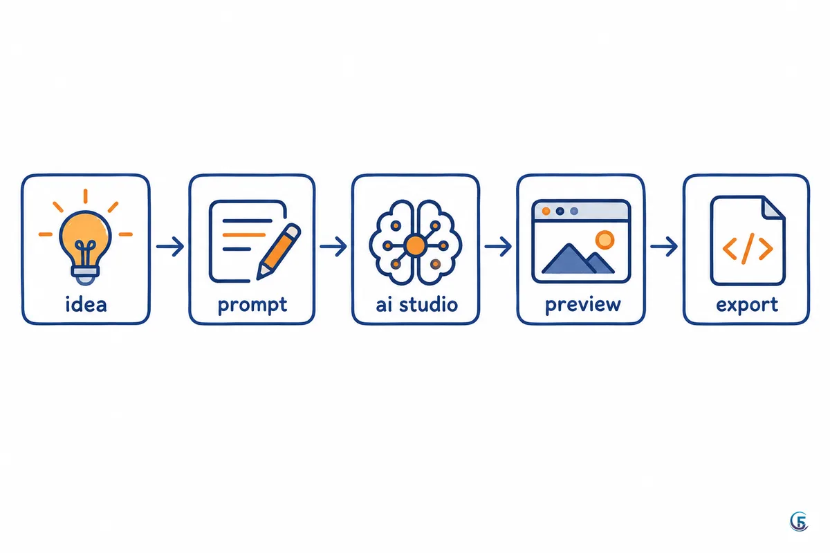 Sơ đồ luồng từ ý tưởng qua Google AI Studio đến bản xem trước và xuất mã nguồn