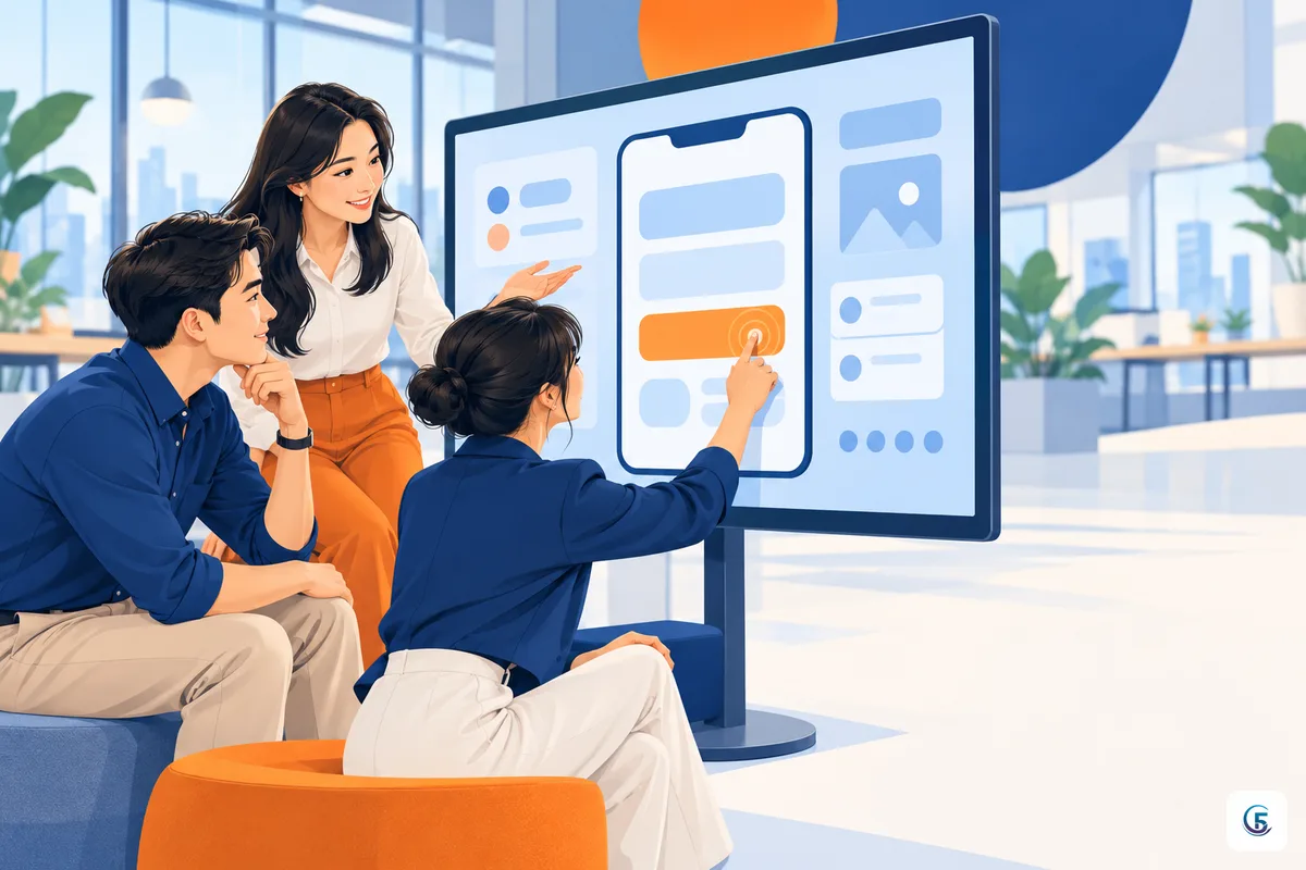 Nhóm nhân viên Việt Nam cùng xem prototype ứng dụng trên màn hình