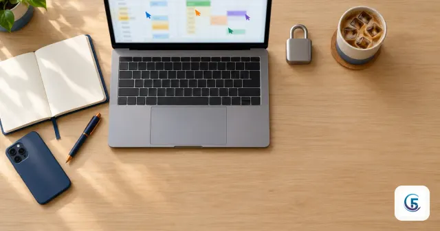 Bàn làm việc với laptop mở bảng tính nhiều người cùng sửa và ổ khoá — minh hoạ nhược điểm của Google Sheet