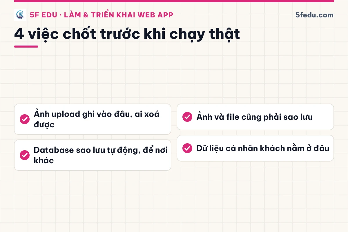 Danh sách bốn việc cần chốt về lưu trữ và sao lưu trước khi đưa app vào chạy thật