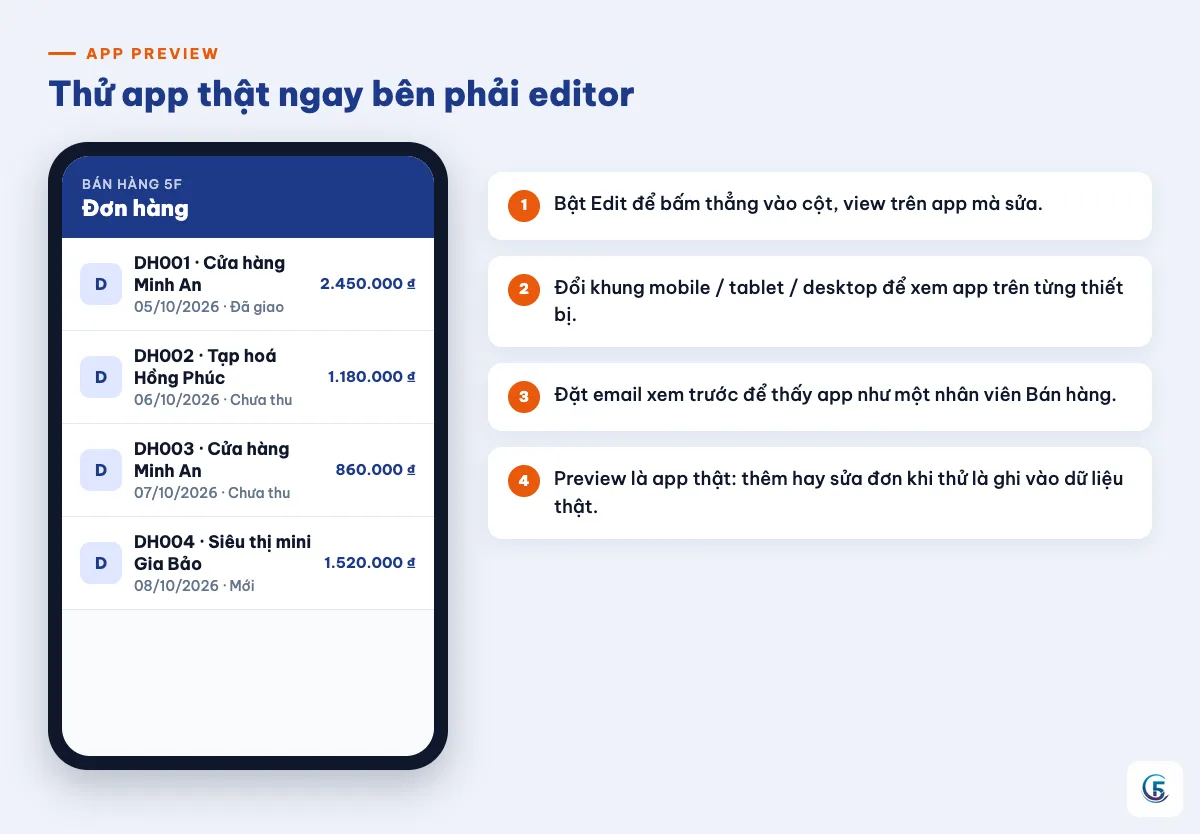 Màn hình app preview AppSheet với chú thích Edit toggle, chọn thiết bị và đặt email xem trước