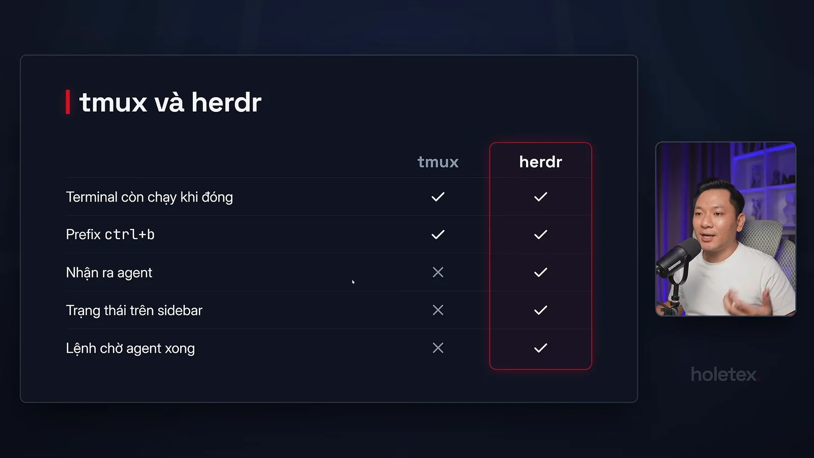 Bảng so sánh tmux và Herdr: cả hai giữ terminal khi đóng, chỉ Herdr nhận ra agent và hiện trạng thái