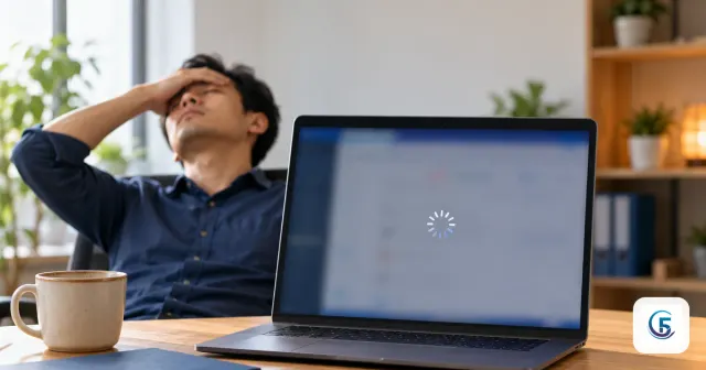 Nhân viên văn phòng bực bội vì file Excel bị chậm, màn hình laptop treo với con trỏ xoay tròn