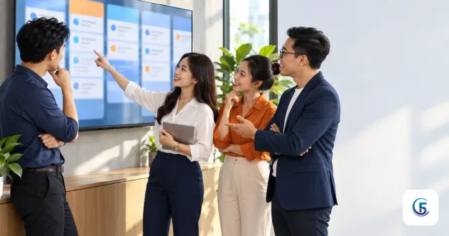 Đội kinh doanh xem bảng cơ hội trên màn hình lớn để hiểu CRM là gì