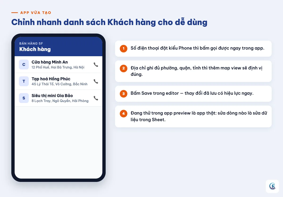 Màn hình danh sách Khách hàng trong app Bán hàng 5F với số điện thoại bấm gọi được và địa chỉ đầy đủ