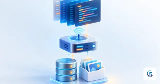 Sơ đồ ba lớp khi deploy web app: mã nguồn, ứng dụng chạy trên server và dữ liệu trong database
