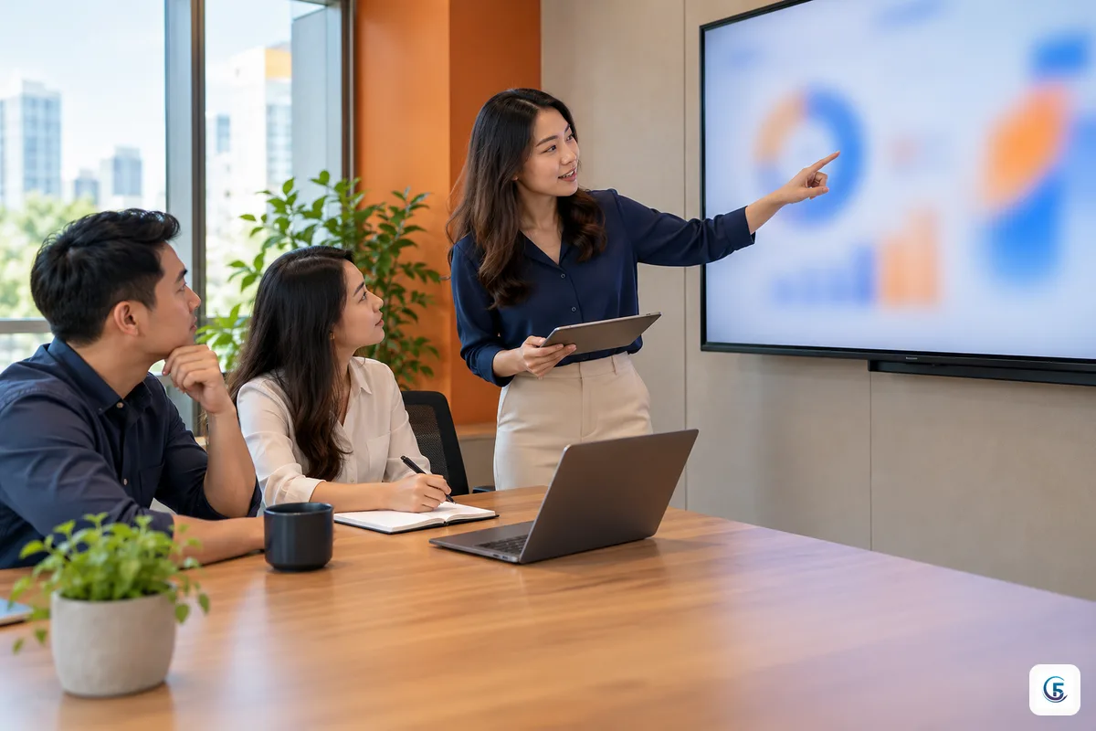 Nhóm văn phòng xem và góp ý bản slide do AI dựng trên màn hình lớn