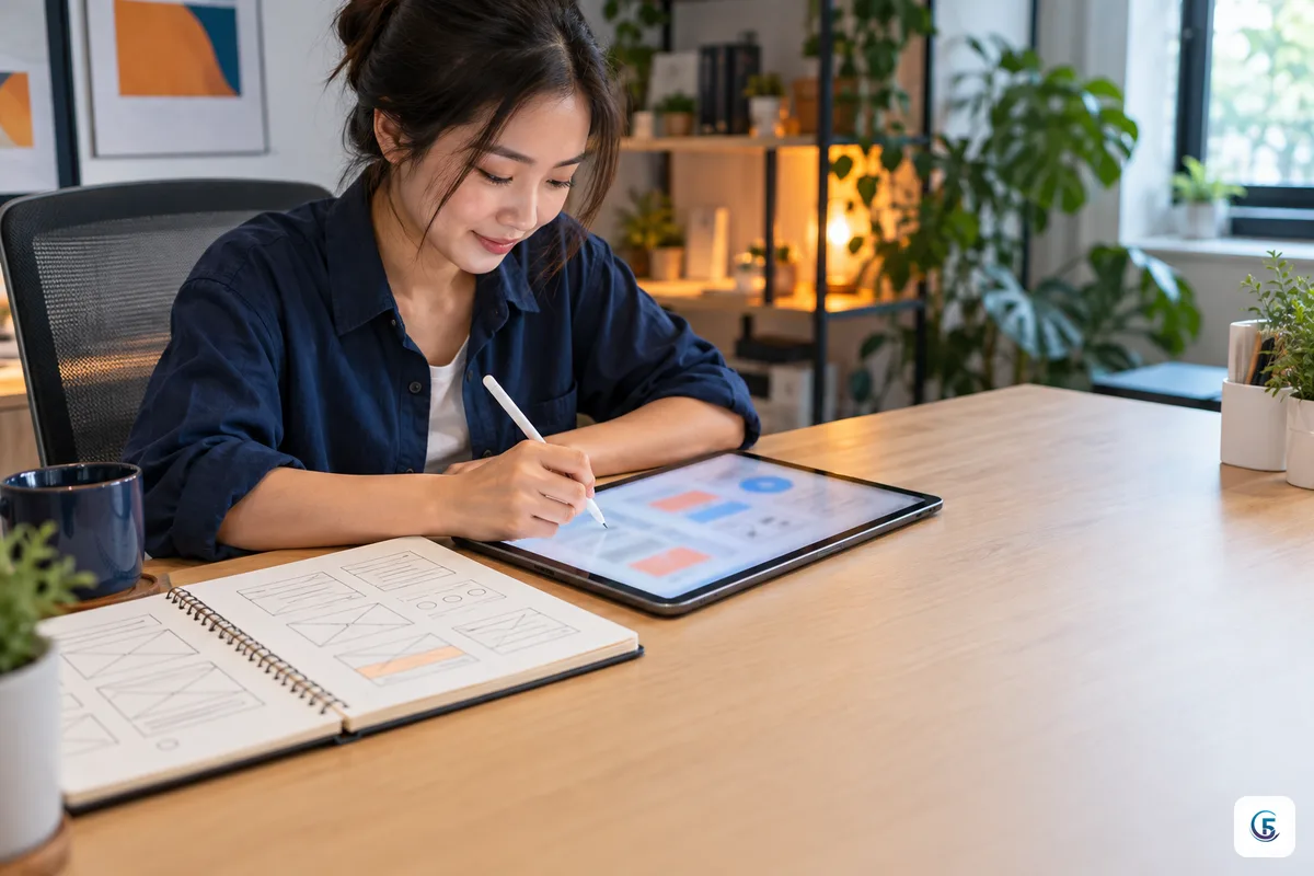 Nhà thiết kế phác giao diện web app trên giấy và máy tính bảng trước khi đưa cho AI