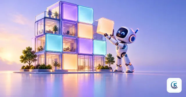 Toà nhà ứng dụng dạng khối và robot trợ lý đặt thêm khối mới, minh hoạ Odoo 20
