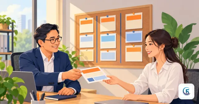 Quản lý giao việc cho nhân viên bằng phiếu việc rõ ràng, phía sau là bảng ghim các thẻ công việc