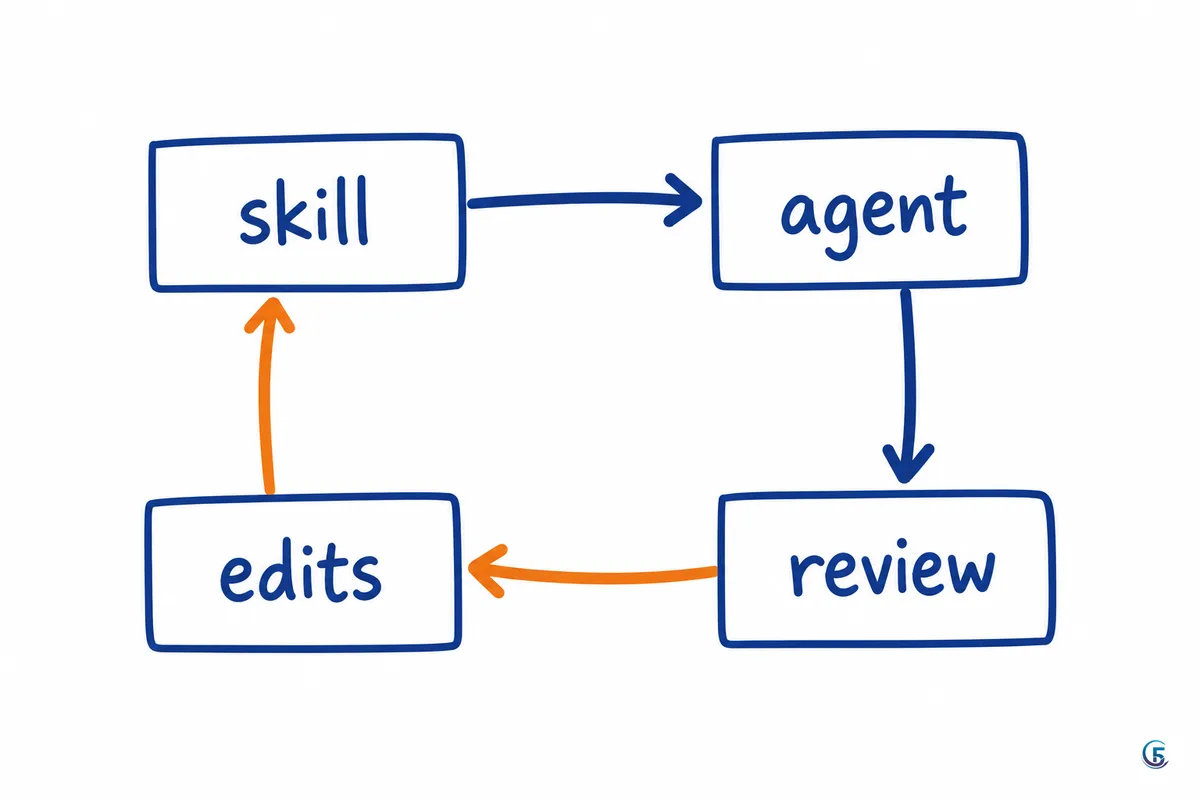 Sơ đồ vòng lặp biến chỉnh sửa của chuyên gia thành skill cho agent rồi học lại từ phản hồi