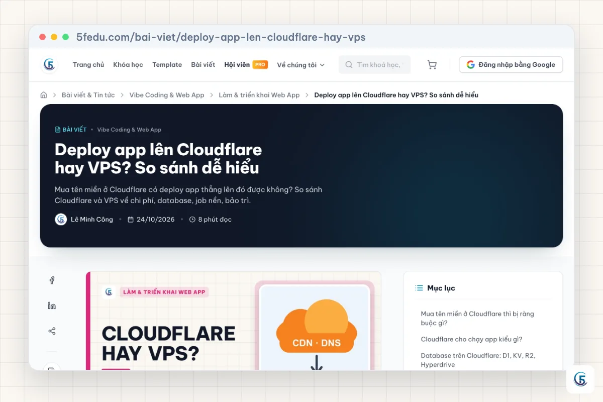Ảnh chụp thật bài «Deploy app lên Cloudflare hay VPS?» trên 5fedu.com, một trong bốn bài viết chiều 24/10