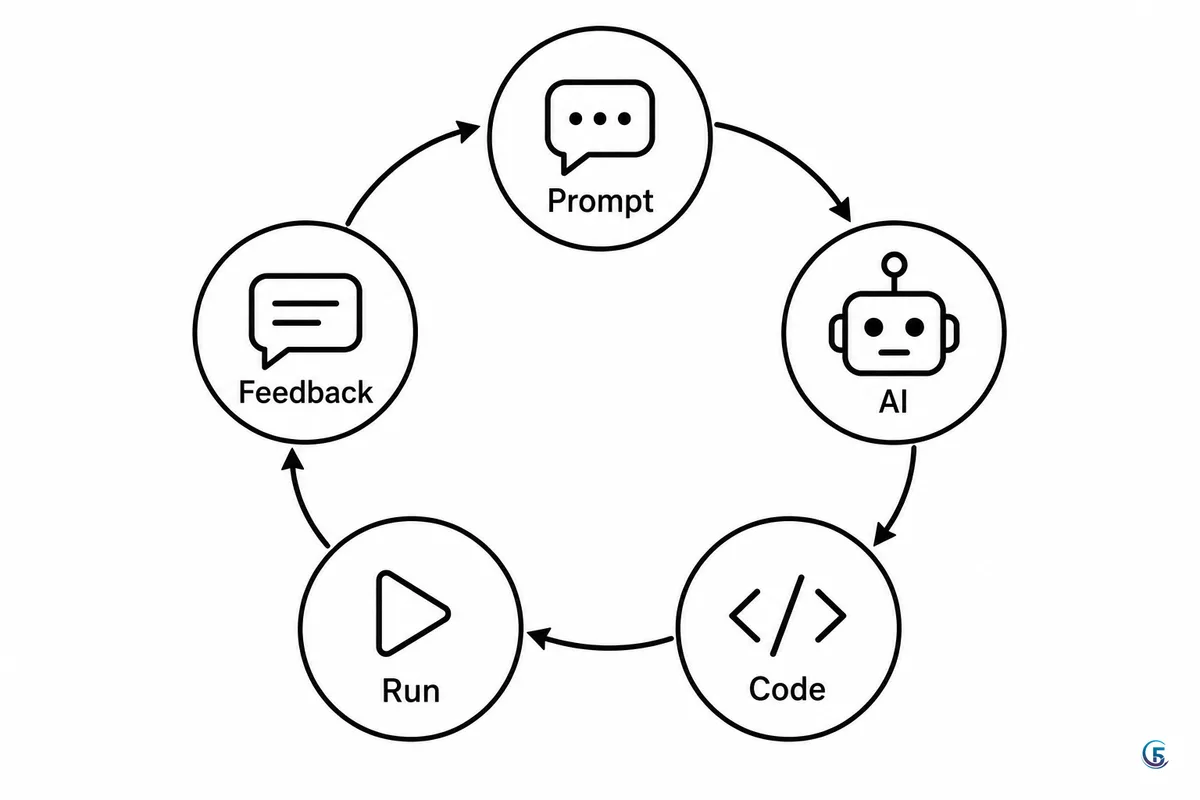 Sơ đồ vòng lặp vibe coding gồm mô tả yêu cầu, AI sinh code, chạy thử và phản hồi