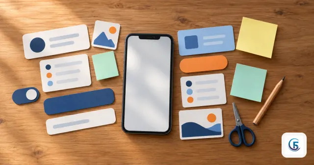 Minh hoạ no code là gì: các mảnh giao diện cắt bằng giấy màu xếp quanh điện thoại trên mặt bàn gỗ