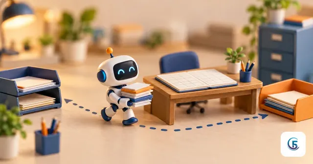 Minh hoạ AI agent là gì: robot nhỏ đi theo đường chấm từ khay thư đến bàn làm việc và khay thư đi