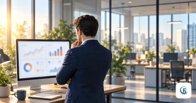 Giám đốc xem dashboard quản lý với biểu đồ doanh thu và các ô chỉ số trên màn hình lớn tại văn phòng buổi sáng