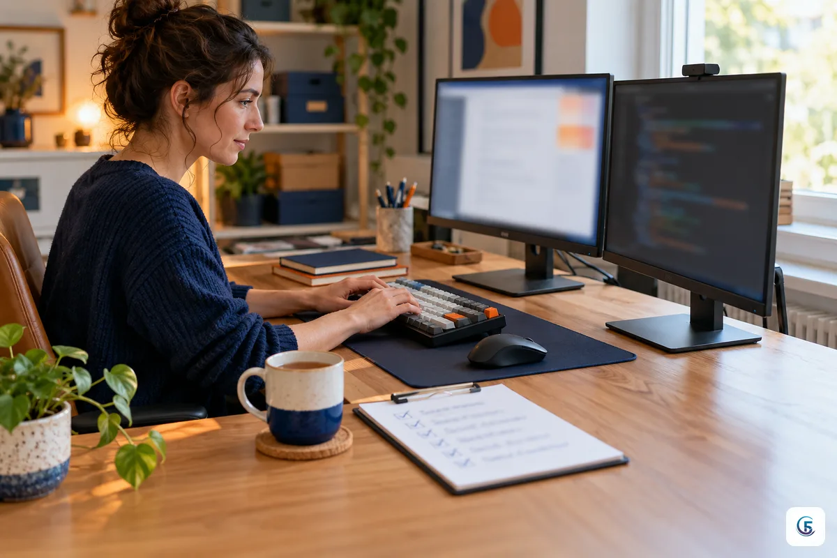 Chủ doanh nghiệp nhỏ ngồi trong văn phòng phía sau, gõ lệnh cài Hermes Agent trên bàn phím cơ, màn hình phụ hiện phiên terminal mờ