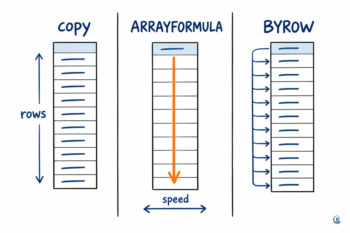 Sơ đồ so sánh ba cách tính cả cột: sao chép công thức, ARRAYFORMULA và BYROW kèm LAMBDA