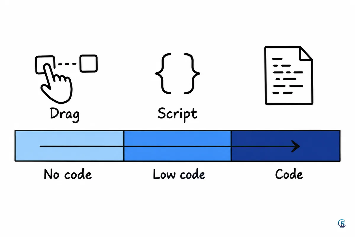 Sơ đồ phổ từ no code sang low code rồi tới code, minh hoạ low code nằm ở giữa kéo thả và viết code