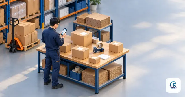 Khu đóng gói đơn hàng, nhân viên kiểm tra trạng thái trên phần mềm quản lý đơn hàng bằng điện thoại