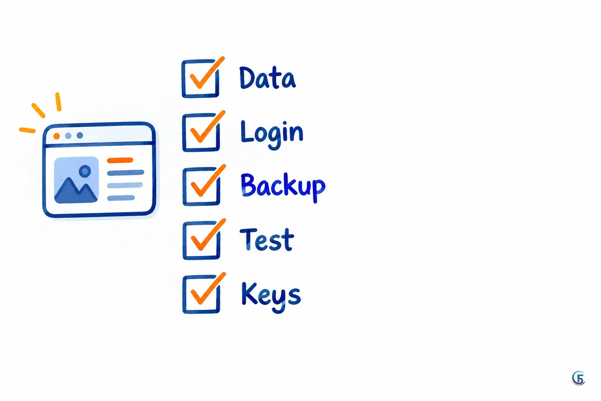 Sơ đồ bảng trắng checklist năm mục kiểm tra app tạo bằng AI: dữ liệu, đăng nhập, sao lưu, thử nghiệm, khoá API