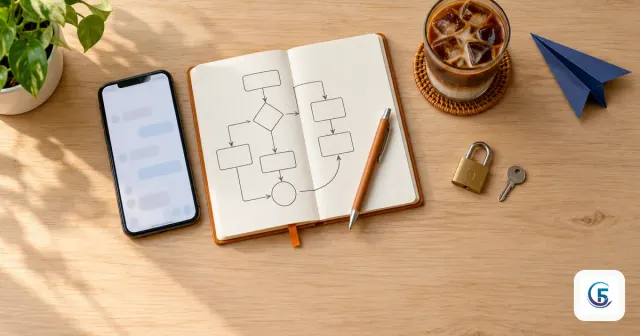 Bàn gỗ nhìn từ trên cao: điện thoại chat, máy bay giấy và ổ khoá nhỏ minh hoạ hermes agent telegram