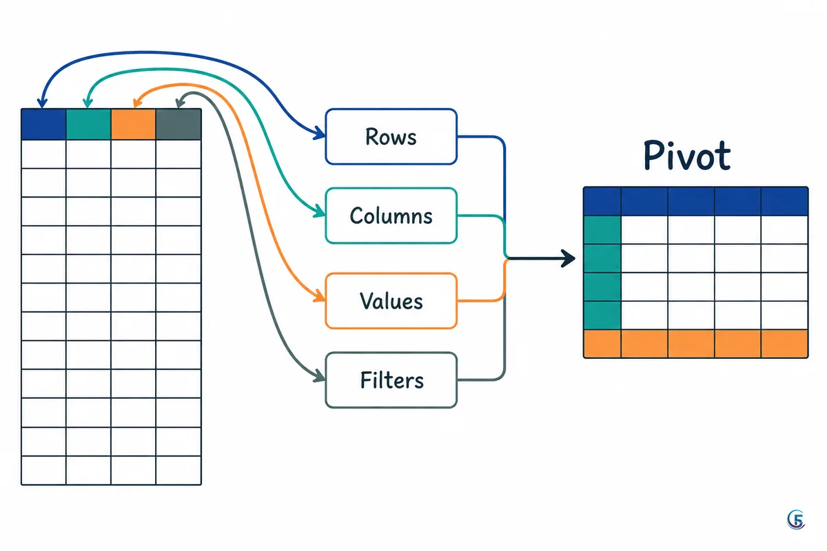 Sơ đồ bảng trắng: bảng dữ liệu thô kéo các trường vào bốn ô Rows, Columns, Values, Filters để tạo bảng tổng hợp