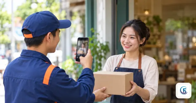 Nhân viên giao hàng chụp ảnh xác nhận trên điện thoại khi giao kiện hàng, minh hoạ phần mềm quản lý giao hàng