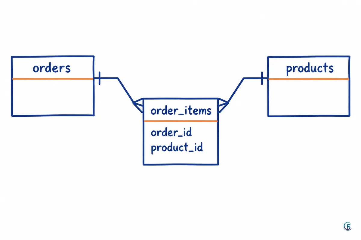 Sơ đồ quan hệ nhiều nhiều trong SQL: bảng orders và products nối với nhau qua bảng trung gian order_items