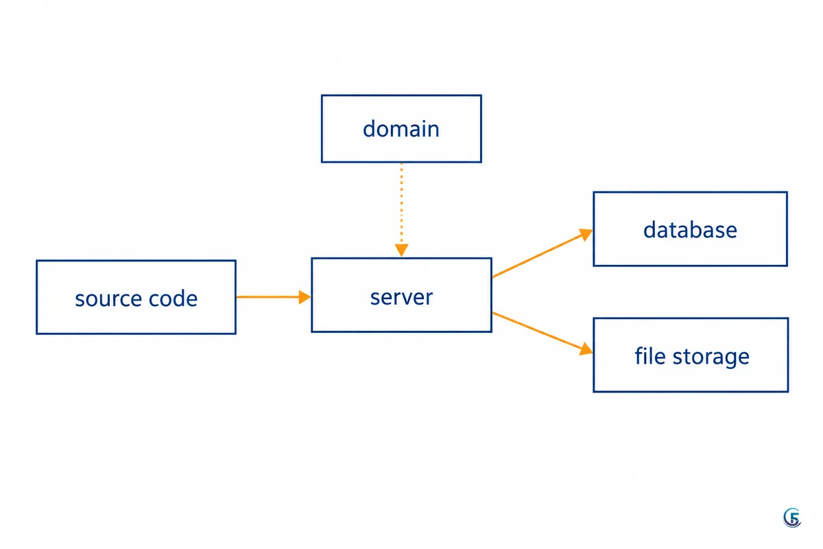 Sơ đồ bảng trắng mô tả luồng từ kho mã nguồn sang server đang chạy app và sang database, kho file, tên miền