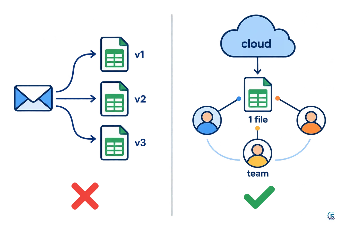 Sơ đồ so sánh gửi file Excel qua email sinh nhiều bản sao và một file chung trên đám mây