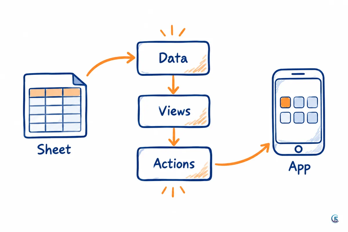 Sơ đồ luồng dữ liệu từ Google Sheet thành app AppSheet qua các lớp Data, Views, Actions