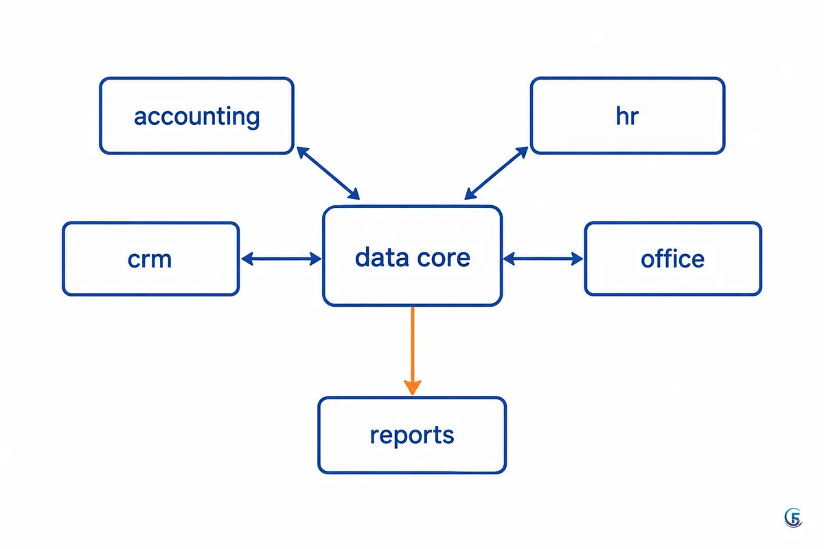 Sơ đồ nền tảng nhiều phân hệ: kế toán, nhân sự, CRM, văn phòng số dùng chung một kho dữ liệu và xuất ra báo cáo