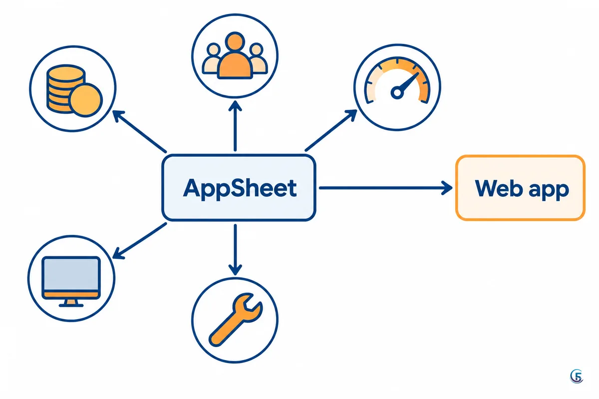 Sơ đồ năm giới hạn dẫn từ AppSheet sang lựa chọn web app