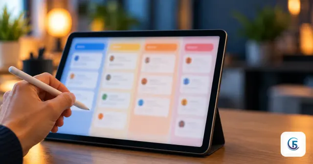 Màn hình bảng công việc dạng Kanban mờ trên máy tính bảng minh hoạ hermes agent profile quản lý nhiều bot