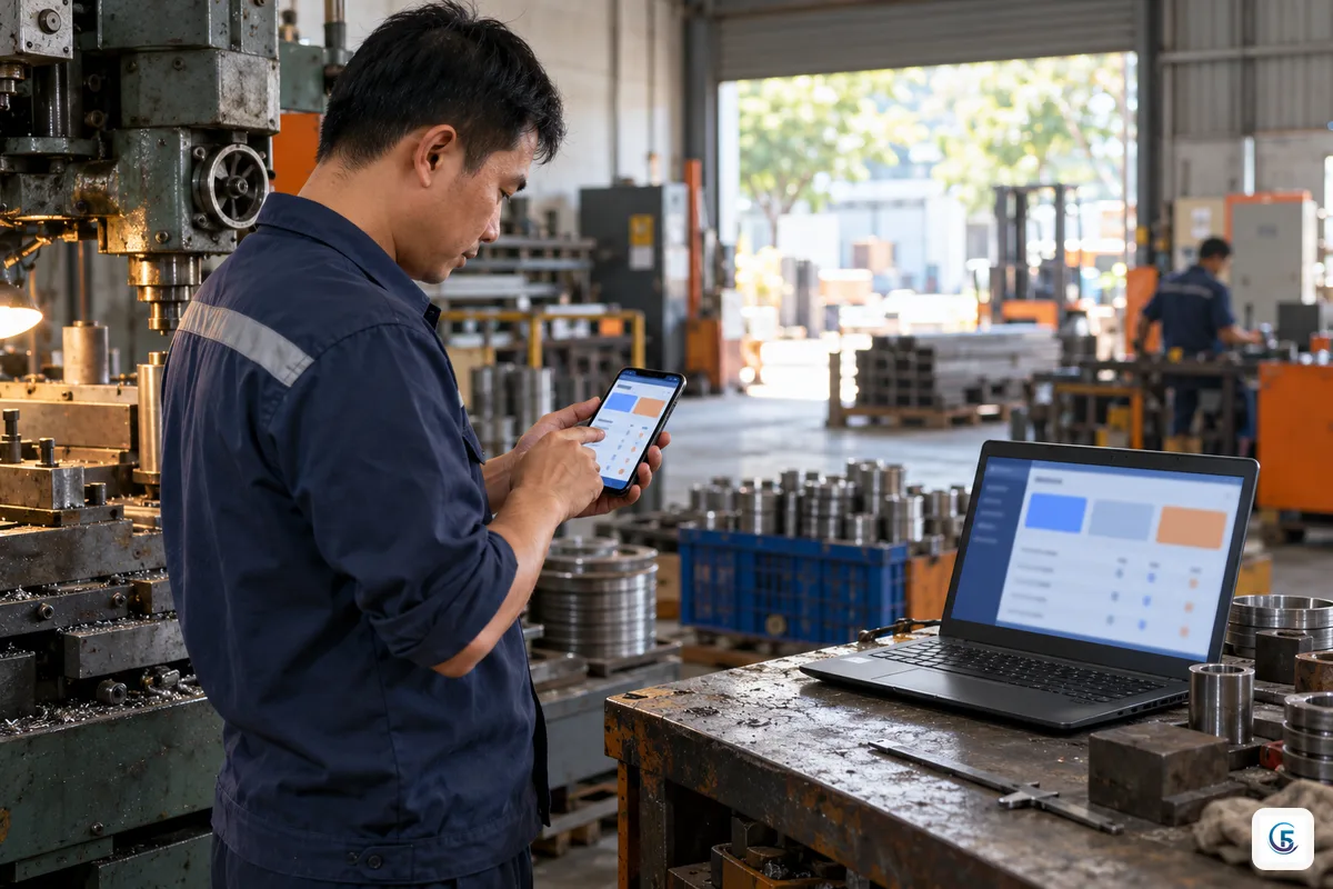 Nhân viên xưởng cơ khí Việt Nam nhập dữ liệu web app trên điện thoại, máy tính hiển thị cùng hệ thống