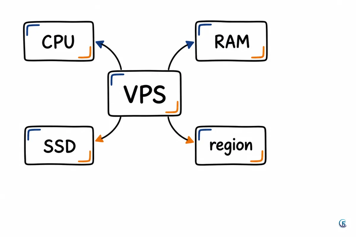 Sơ đồ bốn thông số khi chọn VPS: CPU, RAM, SSD và khu vực máy chủ