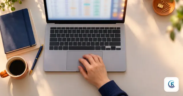 Màn hình laptop mở bảng tính với bảng Gemini trong Google Sheet sáng nhẹ bên phải, tay đặt trên trackpad