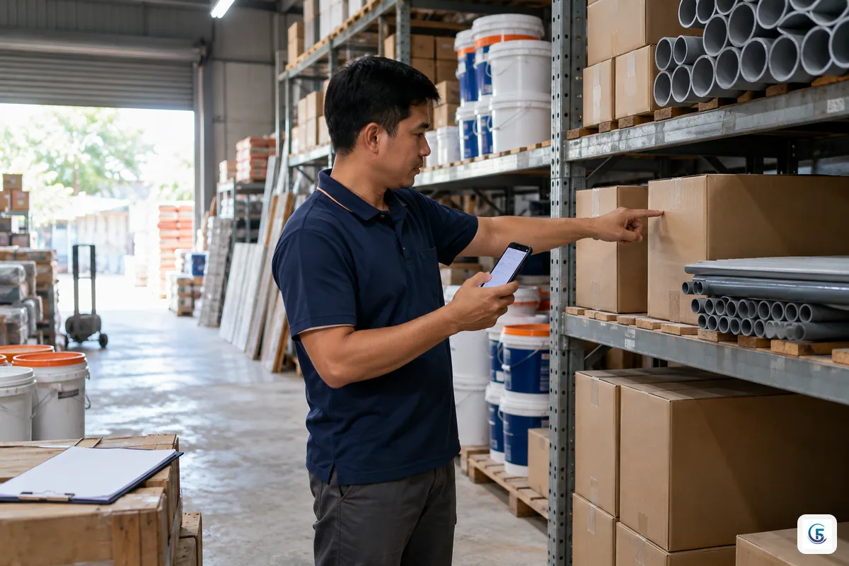 Thủ kho Việt Nam dùng điện thoại đối chiếu số lượng hàng trên kệ với danh sách điểm bất thường