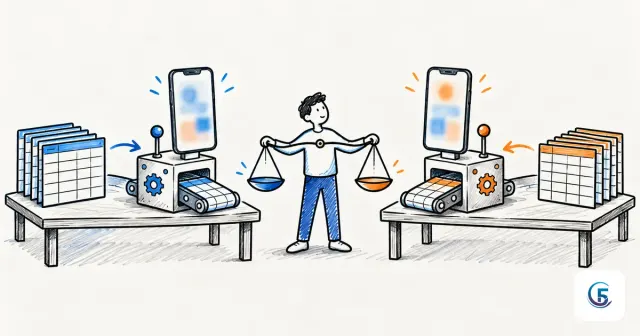 Phác thảo bảng trắng so sánh appsheet vs powerapps: hai bàn dựng app và người cân nhắc trên cân thăng bằng