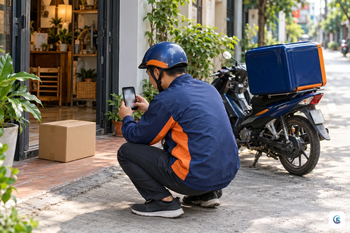 Tài xế giao hàng dùng điện thoại xem danh sách đơn và chụp ảnh kiện hàng tại cửa