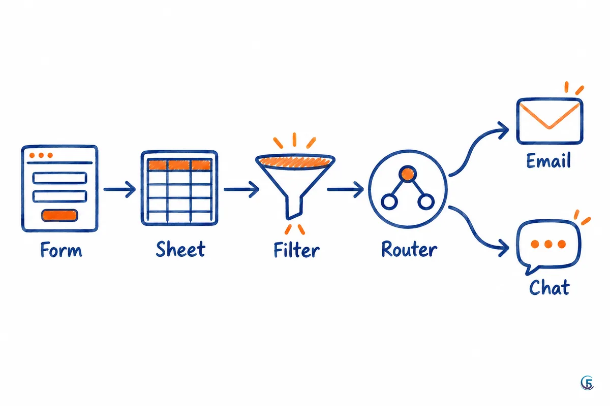 Sơ đồ luồng: biểu mẫu vào Sheet, qua filter rồi router chia nhánh email và chat