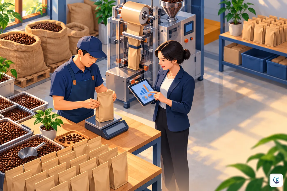 Nhân viên xưởng cà phê kiểm tra khối lượng đóng gói và đối chiếu dữ liệu theo lô