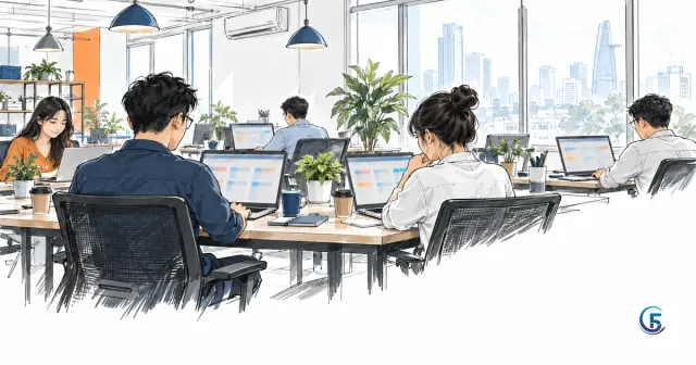 Minh hoạ base wework là gì: văn phòng mở, nhân viên dùng laptop với giao diện quản lý công việc mờ