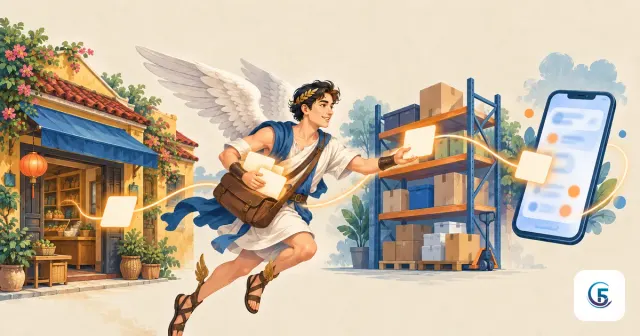 Minh hoạ Hermes Agent là gì: sứ giả AI mang thông tin giữa cửa hàng, kho hàng và điện thoại