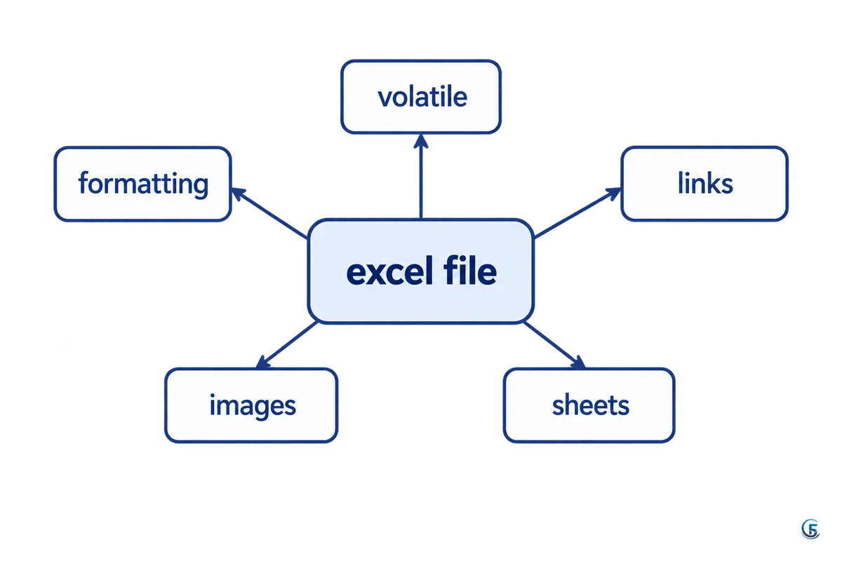 Sơ đồ năm nguyên nhân khiến file Excel bị chậm và nặng: công thức volatile, định dạng thừa, liên kết ngoài, ảnh, nhiều sheet
