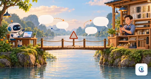 Minh hoạ cầu nối giữa trợ lý AI và cửa hàng Việt Nam, ẩn dụ cho việc nối Hermes Agent Zalo và rủi ro khoá nick