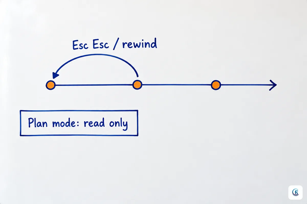 Sơ đồ dòng thời gian ba điểm checkpoint, mũi tên quay lại bằng Esc Esc hoặc rewind và hộp plan mode chỉ đọc