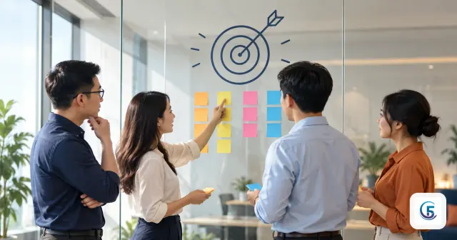 Nhóm nhân viên dán giấy nhớ dưới biểu tượng mục tiêu trên tường kính, minh hoạ OKR là gì