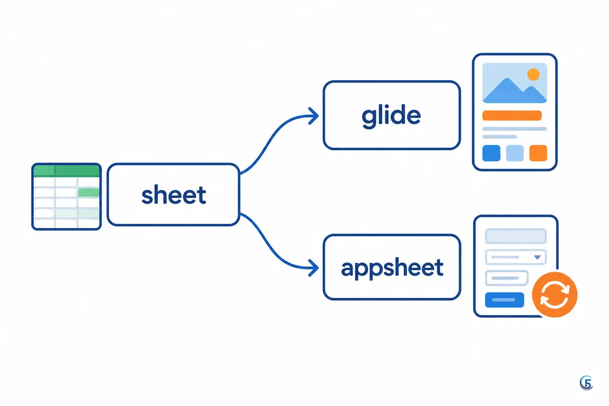 Sơ đồ chọn nền tảng: một Google Sheet rẽ nhánh sang Glide hoặc AppSheet tuỳ loại app